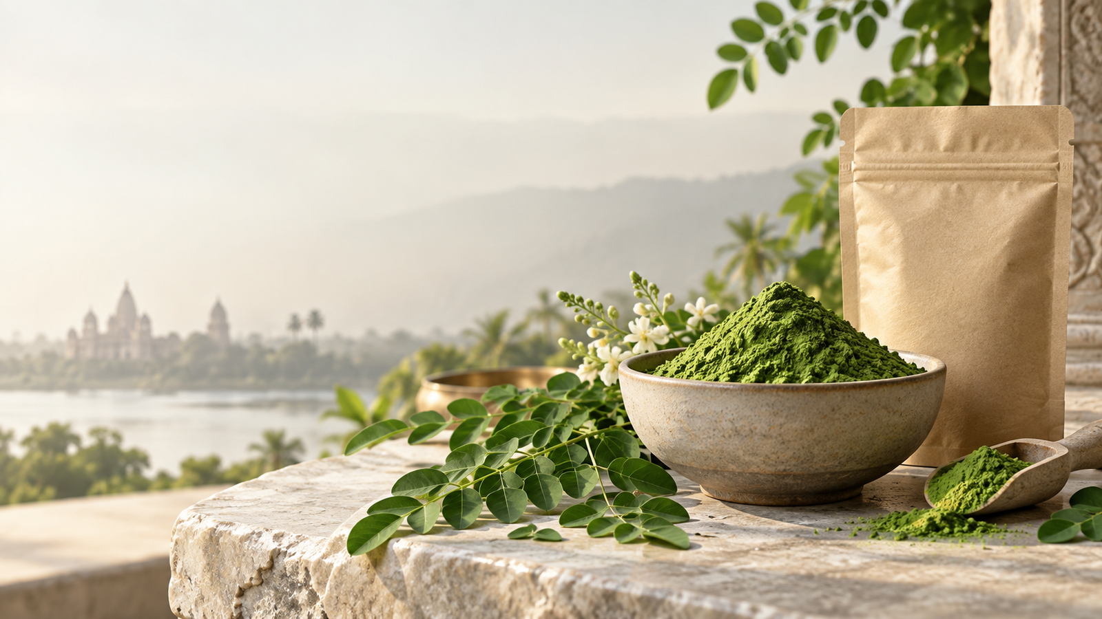 Moringa leaves and fine moringa leaf powder in a bowl